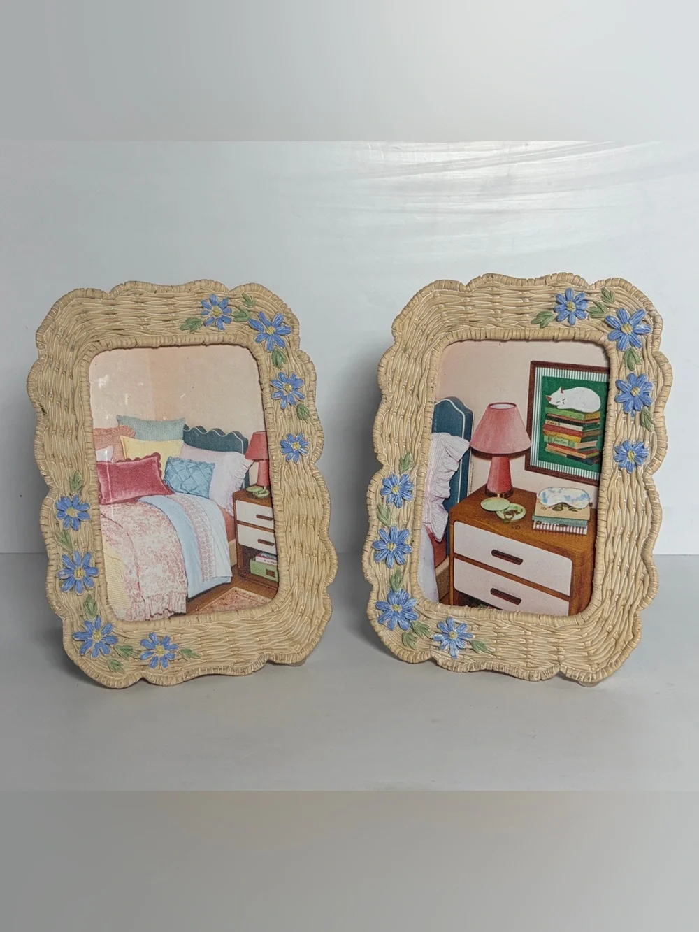 Shabby Chic Set of 2 Wicker Look Blue Floral Picture Frames Cottagecore 4x6